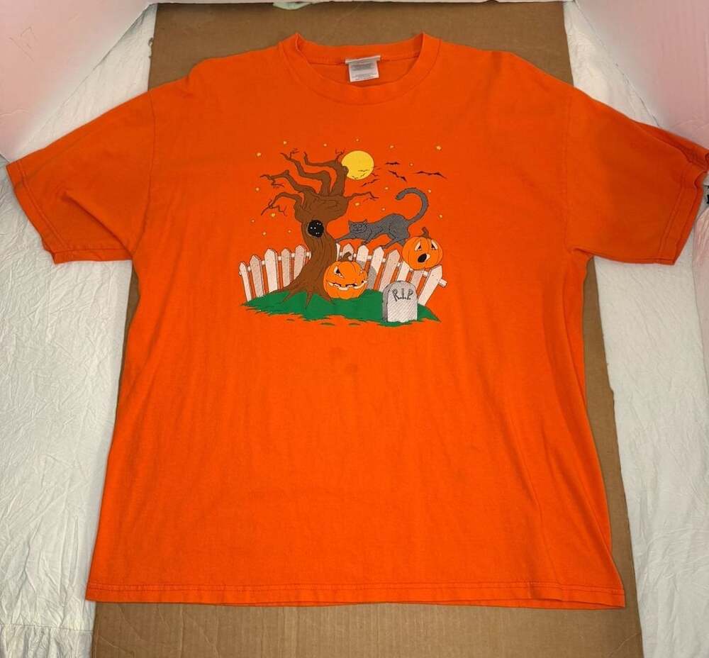 Vintage 90s Halloween Orange T-Shirt Jack O Lantern Cat Tree RIP Tombstone XL